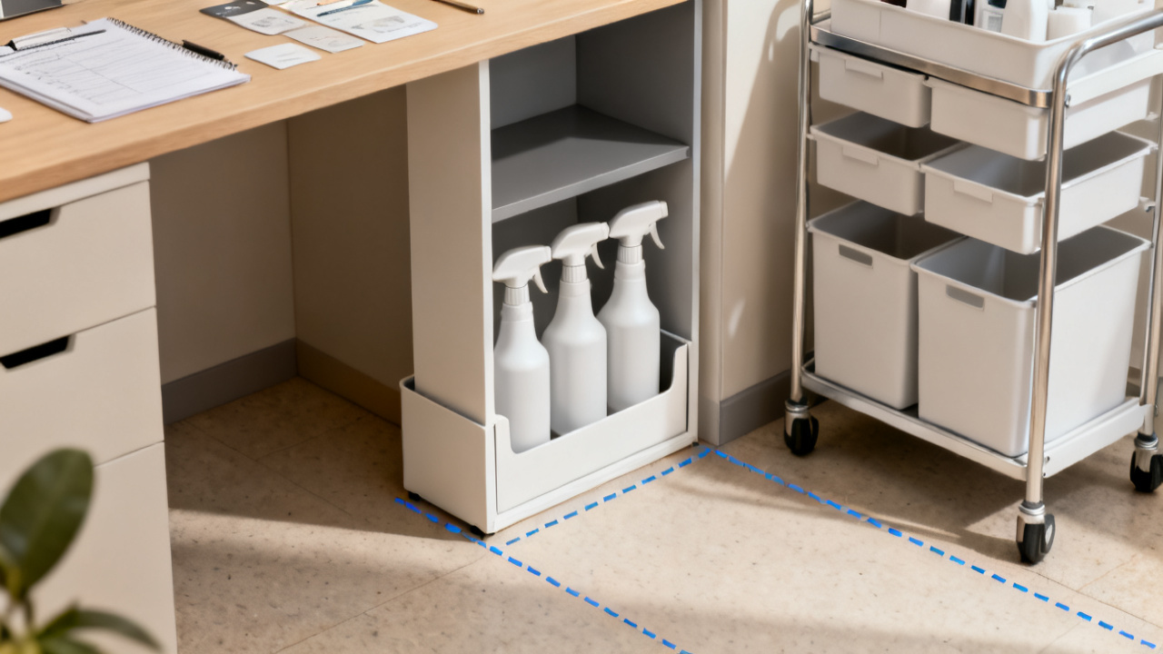 Corner Shelves vs Storage Carts: Keep Apartment Walkways Clear — desk detail