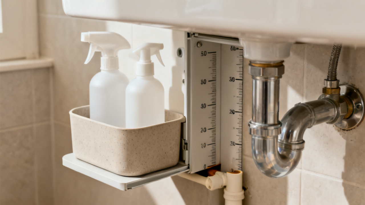 Under-Sink Bathroom Storage: Measure Pipes Before You Organize — desk detail