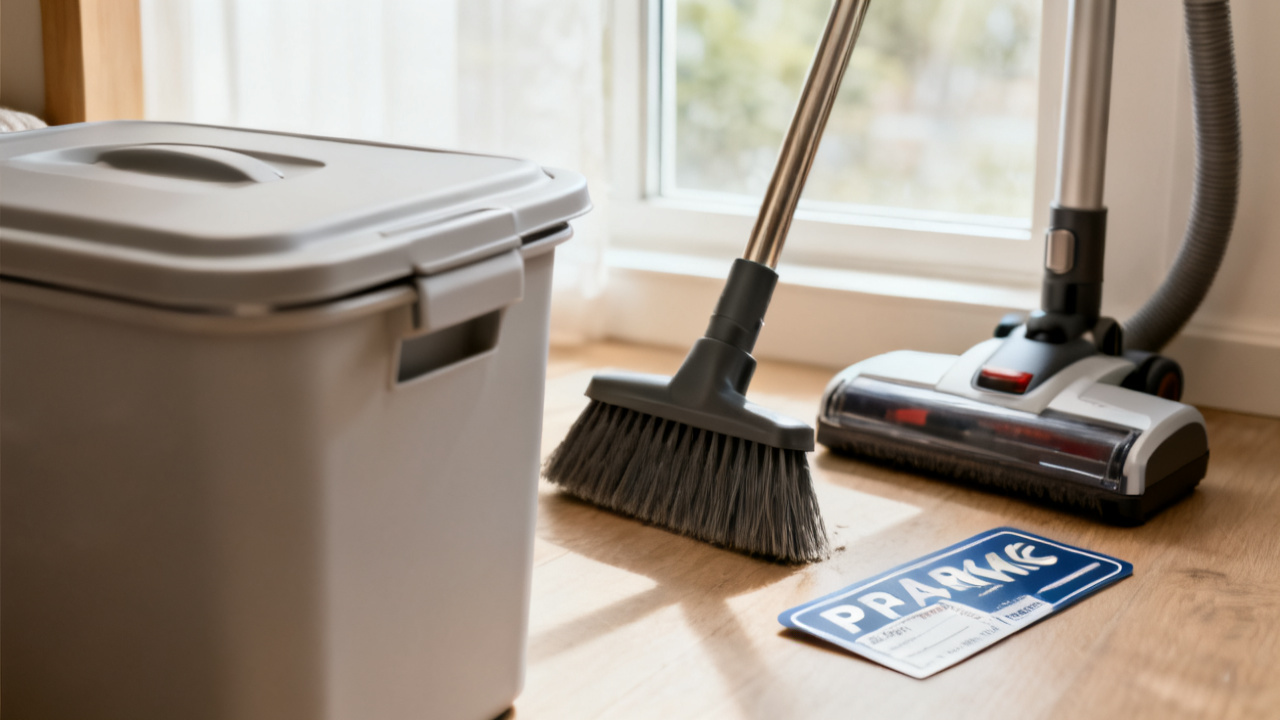 A Broom and Vacuum Parking Mark That Frees the Hall — desk detail