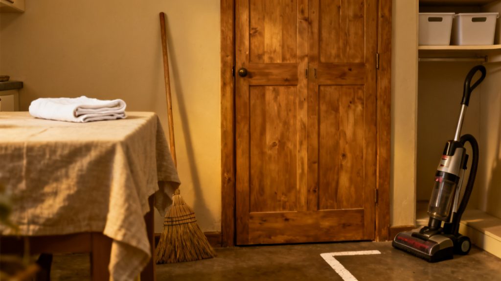 A Broom and Vacuum Parking Mark That Frees the Hall — desk scene