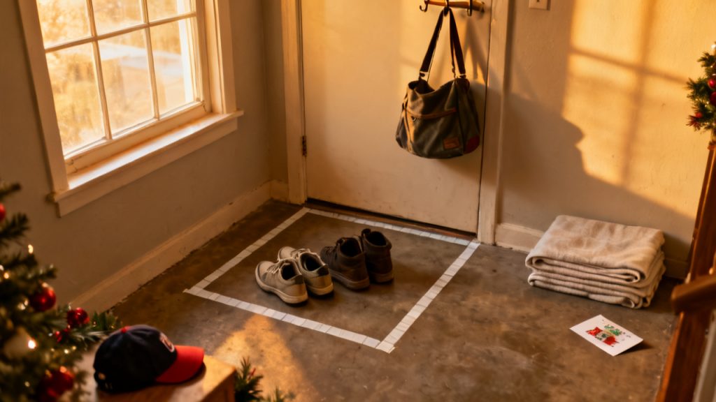 Holiday Decor: One-Bin Cap So the Closet Survives January — desk scene