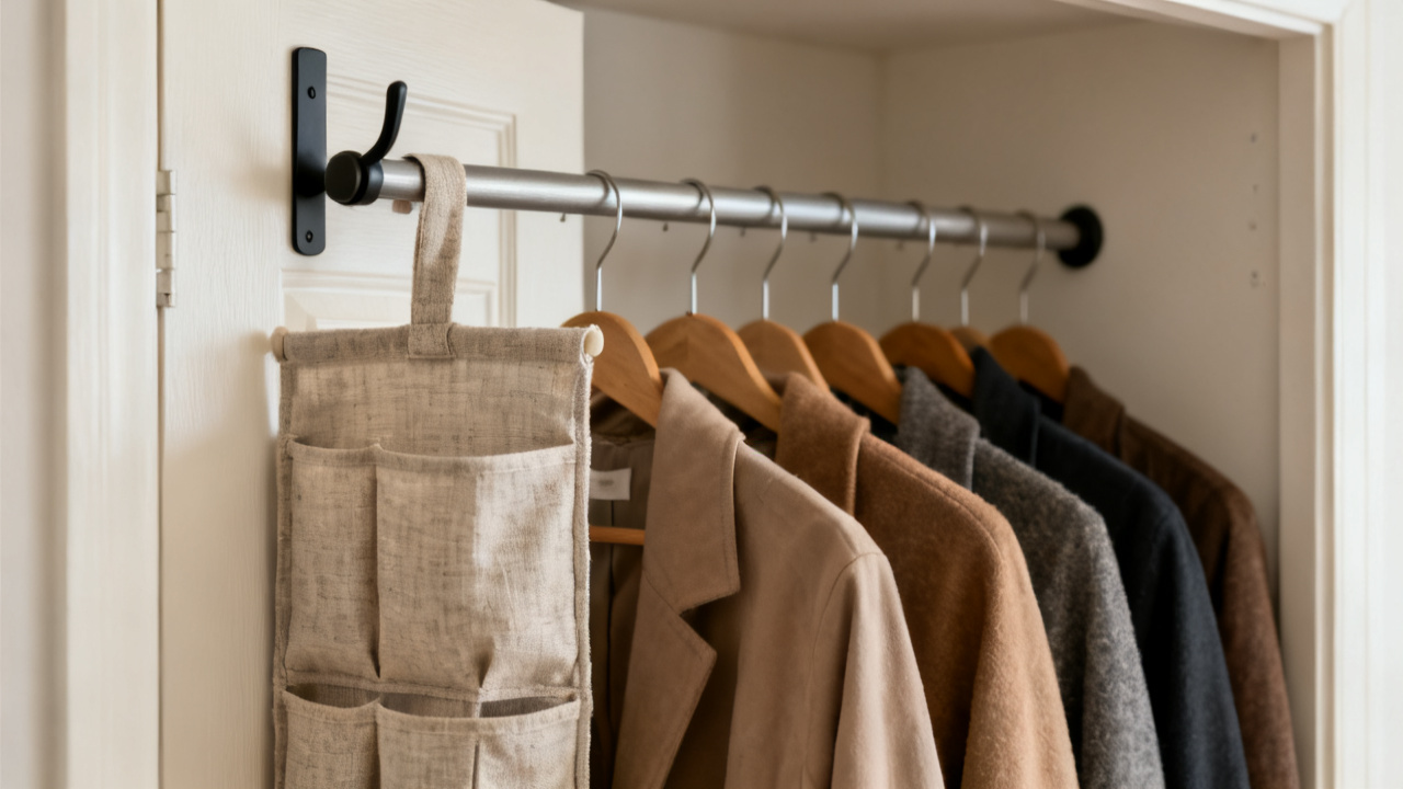One-Rod Coat Closet: A Max Count Before Hangers Overlap — desk detail