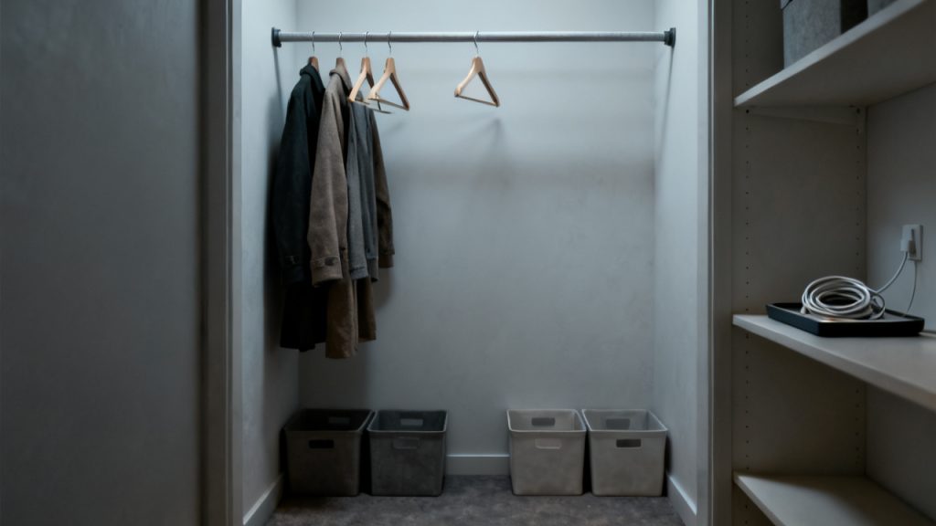 One-Rod Coat Closet: A Max Count Before Hangers Overlap — desk scene