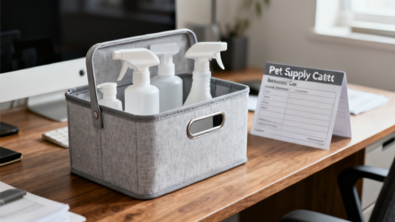 A Pet-Supply Caddy That Stays Off the Kitchen Counter — desk detail