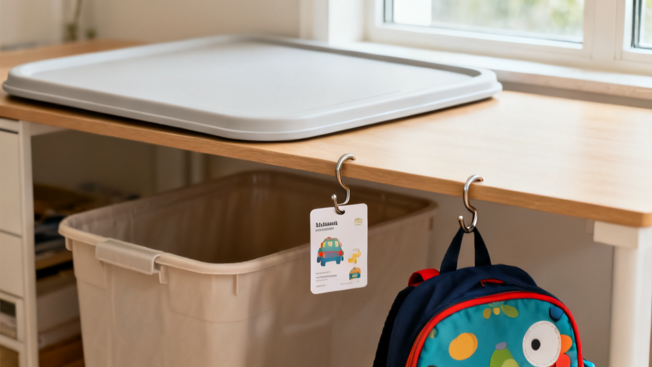 Kids Backpack Hooks Away From the Adult Drop Zone — desk detail