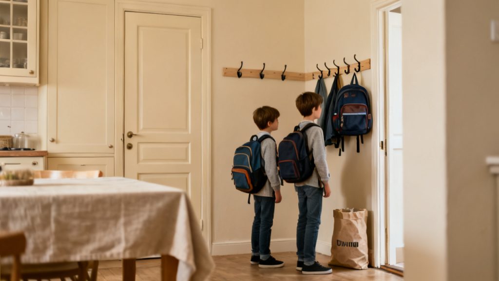 Kids Backpack Hooks Away From the Adult Drop Zone — desk scene